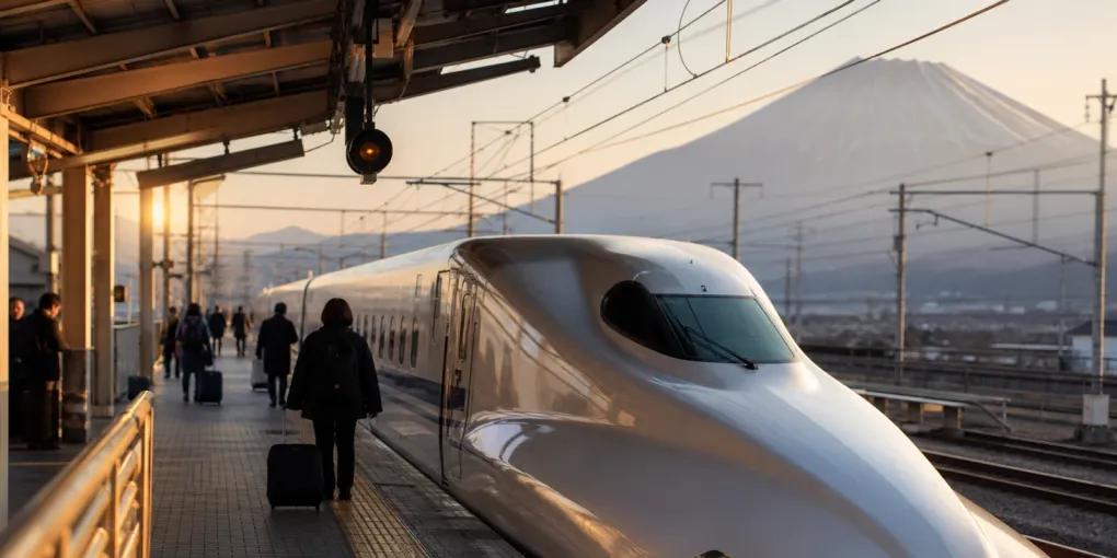 A shinkansen waiting at a station platform at sunset, travelers walking with suitcases, Mount Fuji in the distance